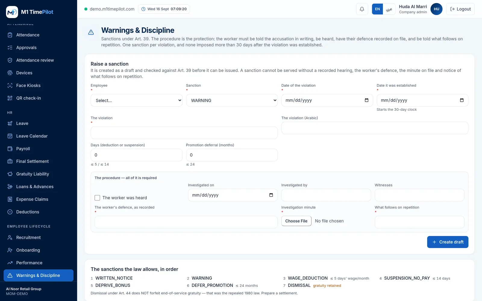 The Warnings and Discipline screen in M1 TimePilot showing a disciplinary action with its procedural steps recorded