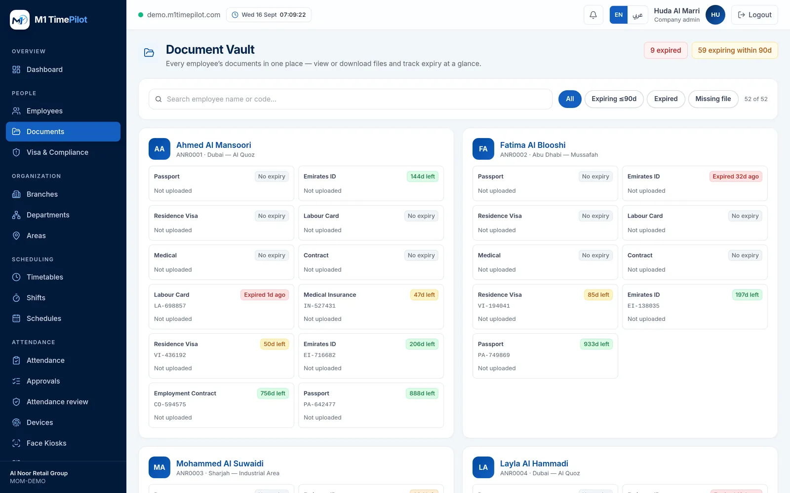 The document vault in M1 TimePilot listing employee documents with expiry states