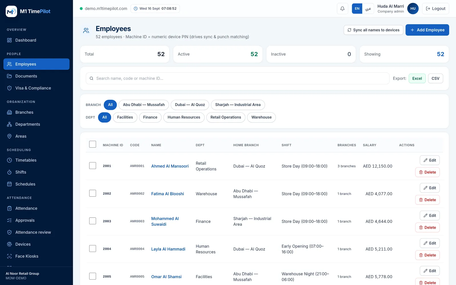 The employee directory in M1 TimePilot showing staff with their department, branch and shift
