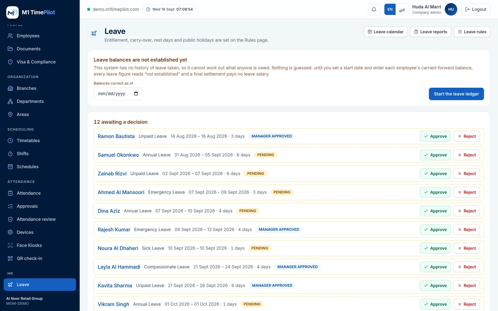 The leave screen in M1 TimePilot showing requests, balances and approval states