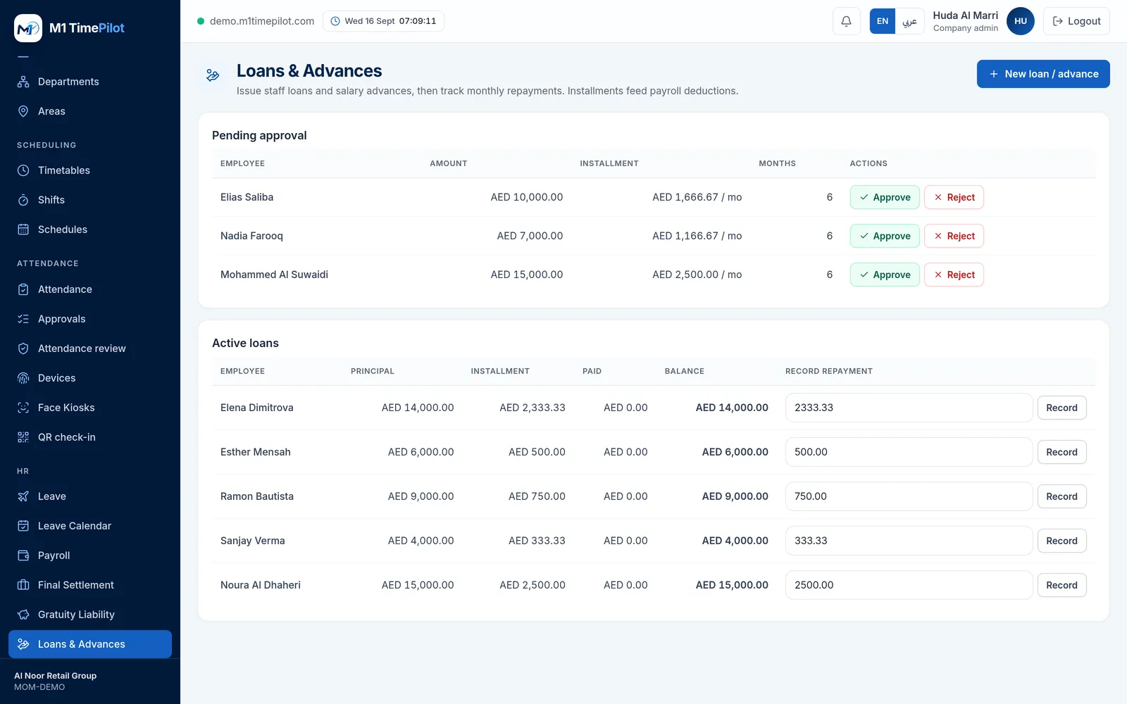 The Loans and Advances screen in M1 TimePilot showing issued loans, instalments and repayment progress