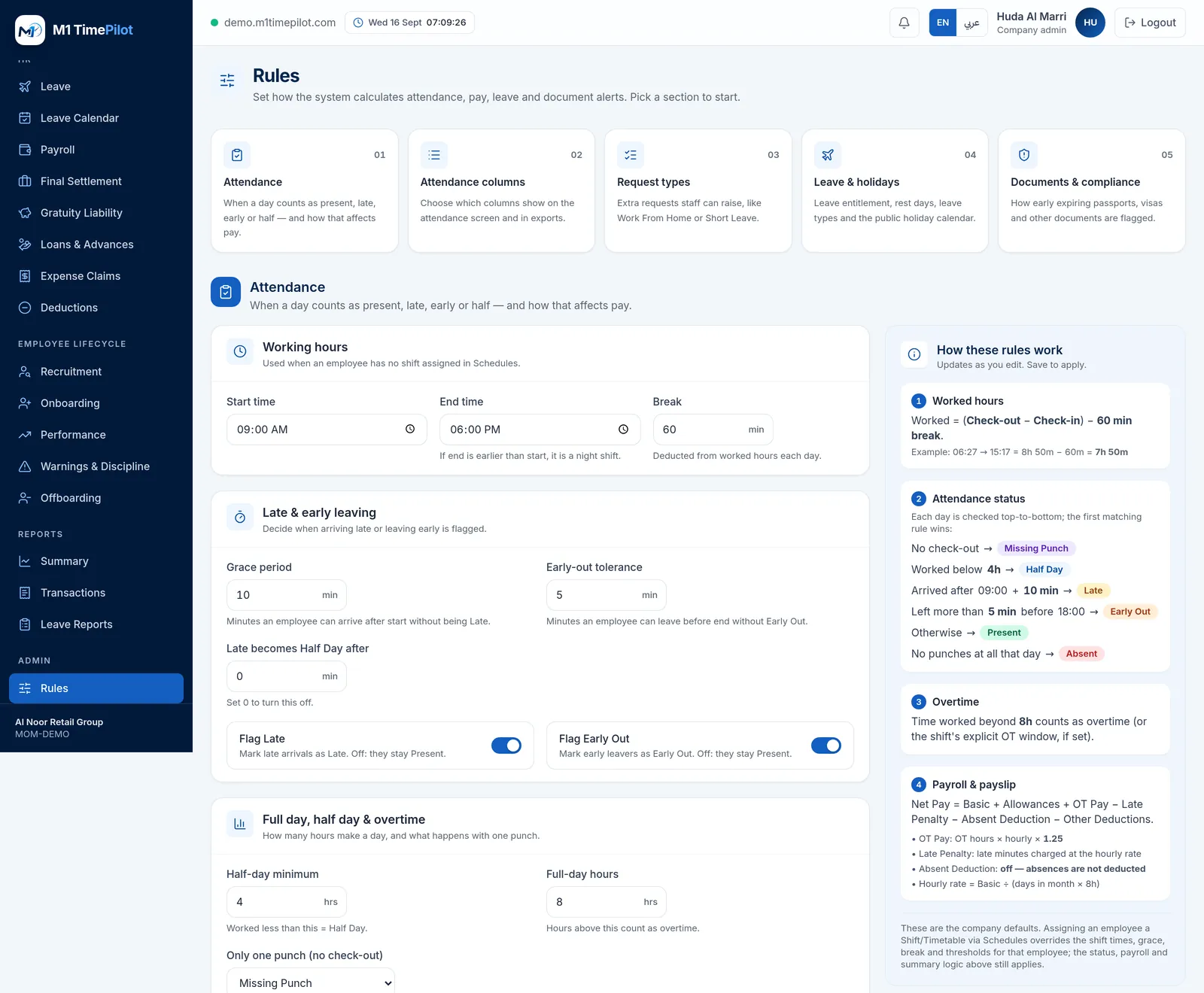 The Rules screen in M1 TimePilot showing attendance, column, request, leave and document rule sections