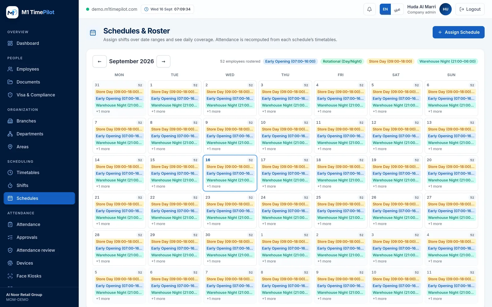 The schedules screen in M1 TimePilot assigning shifts to employees across a date range