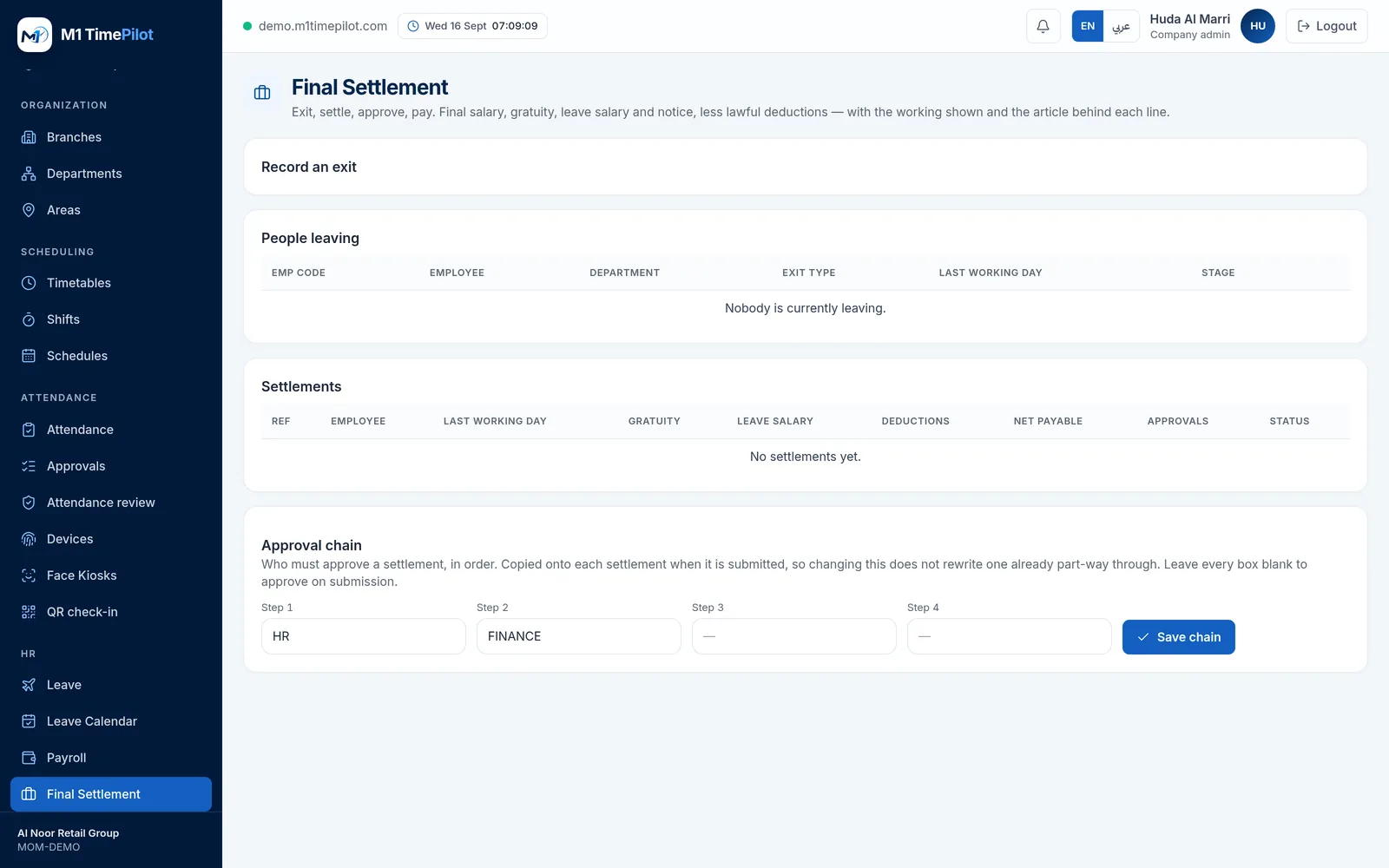 The Final Settlement screen in M1 TimePilot listing exit requests and their approval state